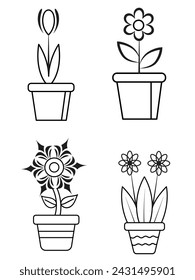 Flores y macetas, diseño interior, hermosas flores y plantas, Conjunto de vector de dibujo de contorno de planta, suculentas en macetas. Flores en una maceta.