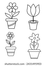 Flowers and pots, interior design, beautiful flowers plants, Plant outline drawing vector set, succulents in pots. Flowers in a pot.
