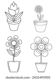 Flowers and pots, interior design, beautiful flowers plants, Plant outline drawing vector set, succulents in pots. Flowers in a pot.