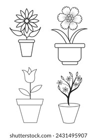Flowers and pots, interior design, beautiful flowers plants, Plant outline drawing vector set, succulents in pots. Flowers in a pot.