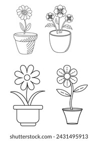 Flores y macetas, diseño interior, hermosas flores y plantas, Conjunto de vector de dibujo de contorno de planta, suculentas en macetas. Flores en una maceta.