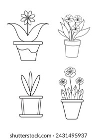 Flowers and pots, interior design, beautiful flowers plants, Plant outline drawing vector set, succulents in pots. Flowers in a pot.