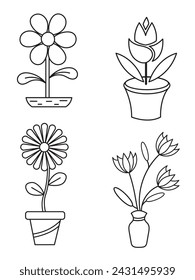 Flowers and pots, interior design, beautiful flowers plants, Plant outline drawing vector set, succulents in pots. Flowers in a pot.