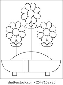 Flowers and pots interior design beautiful flowers plants Plant outline drawing vector set Coloring Page Foe Kids.