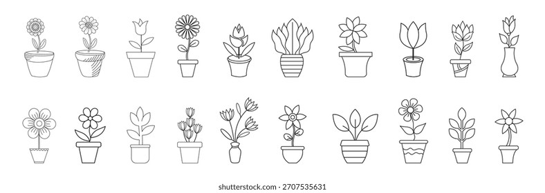 Blumen und Töpfe Innenarchitektur schöne Blumen Pflanzen Umriss Zeichnung Vektorsatz