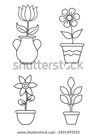 Flowers and pots, interior design, beautiful flowers plants, Plant outline drawing vector set, succulents in pots. Flowers in a pot.