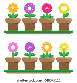 Flowers in Pots, Isolated on White Background, Vector Illustration