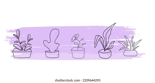 flowers in pots on a background of green paint spots. Doodle potted flowers on a background of paint stains. Vector doodle on the background of a paint spot.