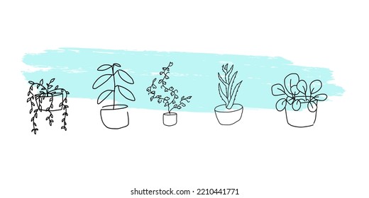 Blumen in Töpfen auf grünem Hintergrund. Doodle gegossene Blumen auf einem Hintergrund von Farbflecken. Vektordoodle auf dem Hintergrund eines Farbpunkts.