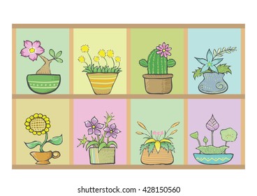 Flowers in pots on the shelf. Set of flowers pots. Vector drawing.