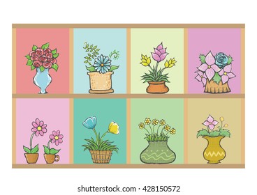Flowers in pots on the shelf. Set of flowers pots. Vector drawing.