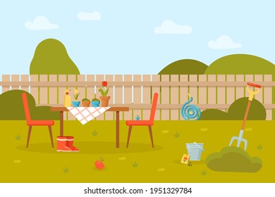 Flowers in pots on table and chairs in garden with fence. Boots, pitchfork, flowers growing in pots, pack of seeds, hose cartoon vector illustration. Gardening, hobby, backyard, agriculture concept
