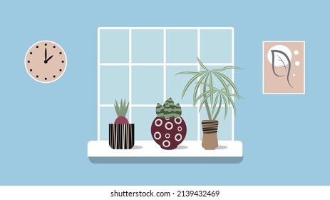Flores en macetas en el umbral de la ventana. Ilustración interior con plantas en la ventana. Ilustración vectorial. Para uso en libros, folletos, portadas, talleres de jardinería y flores, folletos publicitarios y