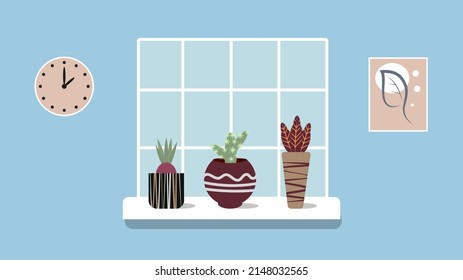 Flores en macetas en el umbral de la ventana. Ilustración interior con plantas en la ventana. Ilustración vectorial. Para uso en libros, folletos, portadas, talleres de jardinería y flores, folletos publicitarios y