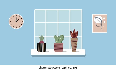 Flowers in pots on the windowsill. Interior illustration with house plants on the window. Vector illustration. For use in books, brochures, covers, gardening and flower shops, advertising flyers  