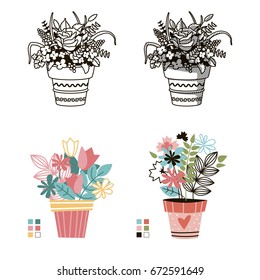Flowers in pots. Painted black line on a white background. Colored cute style. Vector drawing lines.