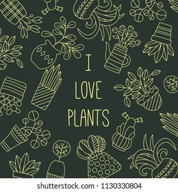 Flowers in pots plants doodle line vector set banner template 