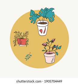 Flowers in pots. Plants in the house. Nature. Quarantine positive doodle icons, home elements. Cute vector hand drawn doodle set . Vector isolated images.