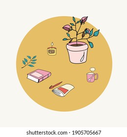 Flowers in pots. Plants in the house. Notebook, book and tea mug. Positive doodle icons, home elements. Cute vector hand drawn doodle set . Vector isolated images.