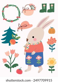 flowers in pots, rabbit with gift, bunny and Santa, Christmas and cute bunny, element Christmas animal, card Christmas, set cute Christmas, draw vector cute bunny in garden for summer, so sweet