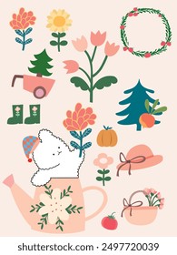 flowers in pots, rabbit with gift, bunny and Santa, Christmas and cute bunny, element Christmas animal, card Christmas, set cute Christmas, draw vector cute bunny in garden for summer, so sweet