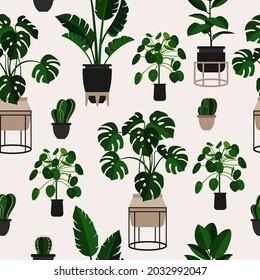 Flowers in pots in the Scandinavian style. Geometric seamless pattern with plants. Vector flat illustration. Background. Monstera, cacti, palm, ficus.