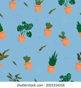 Flowers in pots seamless pattern. Blue background