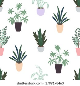 Flowers in pots. Seamless pattern. Botany painted in pastel colors. Flat illustration isolated on white background.