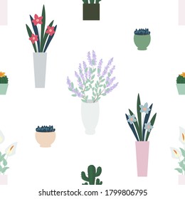 Flowers in pots. Seamless pattern. Botany painted in pastel colors. Flat illustration isolated on white background.