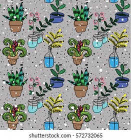 
Flowers in pots. seamless pattern. Drawing by hand, a child's drawing. Stylish colorful background.