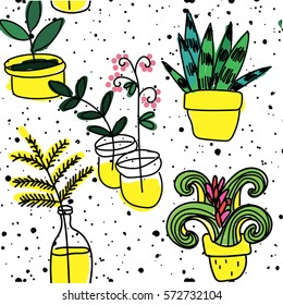 
Flowers in pots. seamless pattern. Drawing by hand, a child's drawing. Stylish colorful background.