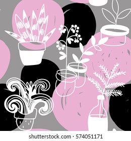 Flowers in pots. seamless pattern. Drawing by hand, a child's drawing. Stylish colorful background.