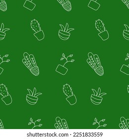 Flowers in pots, seamless pattern, vector. Flowers in white pots on a green background.