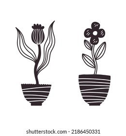 Flowers in pots. Set of house plants with flower. Decorative element in linear style. Flat illustration isolated on white background.