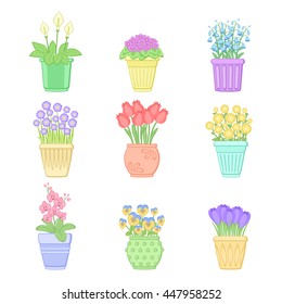 Flowers in pots. Set of spring flowers. Vector illustration isolated on white background.