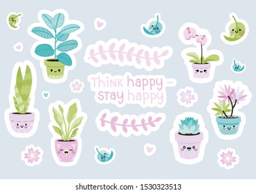 Flowers in pots smiling vector sticker pack in pastel colors and cartoon style. Isolated for stickers, pins, badges, fashion embroidery, temporary tattoos.
