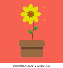 Flores en macetas que están floreciendo. Plantas de interior para interior. Ilustración vectorial de girasol sobre fondo rojo