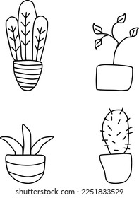 Flowers in pots, vector. Flowers in pots and cactus, black outline on a white background.