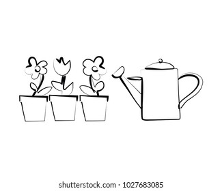 Flowers in pots and watering can. Sketch. Vector illustration. Isolated on white.