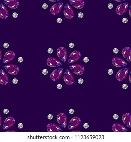 Flowers from precious stones. Seamless Pattern. Jewelry. For shops, websites fabrics packaging. Purple background