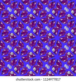 Flowers from precious stones. Seamless Pattern. Jewelry. For shops, websites fabrics packaging. Blue background. Chaotic arrangement of elements