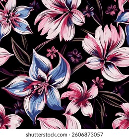 The flowers are predominantly in shades of pink, blue and purple, with elaborate shading and elaborate details. These details give the flowers a dynamic and striking look.