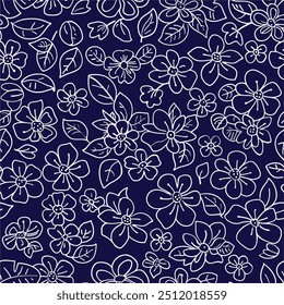 Flowers print, simple illustration shapes of white flowers on blue background. 