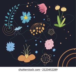 Flores para imprimir. Vector. Para tarjetas, pegatinas, pegatinas, belleza, decoración. Dibujos de flores en el vector