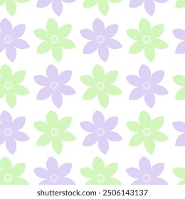 Flowers. Purple and green inflorescence of flowering plant. Seamless vector pattern. Isolated colorless background. Endless summer ornament from flower head with sharp petals. Flat style. 