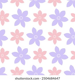 Flowers. Purple and pink inflorescence of flowering plant. Seamless vector pattern. Isolated colorless background. Endless summer ornament from flower head with sharp petals. Flat style. 