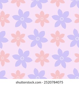 Flowers. Purple and pink inflorescence of flowering plant. Seamless vector pattern. Isolated pink background. Endless summer ornament from flower head with sharp petals. Flat style. Delicate floral.