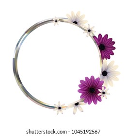 Flowers. Purple. Round frame. Floral background. Gerbera. White. Petals.