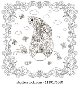 Flowers rabbit in flowers frame for coloring page, design element antistress monochrome stock vector illustration