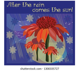 Flowers in the rain with the sun in the background